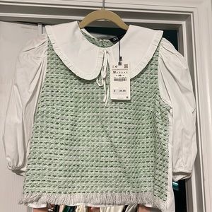 Zara Green and White Tweed-Like Peter Pan Collar Top